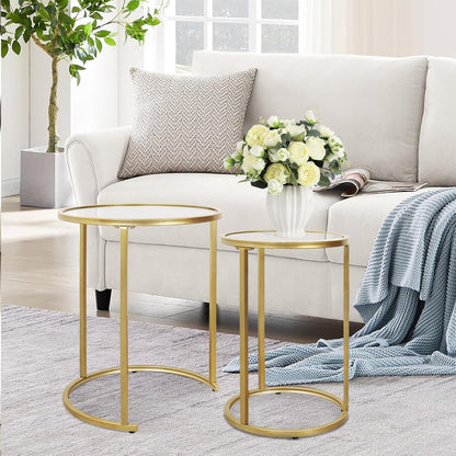 Gold Glass Nesting Side End Tables Set of 2, round Small Stacking Drink Coffee Table for Small Space, Living Room, Bedroom, Christmas, New Year